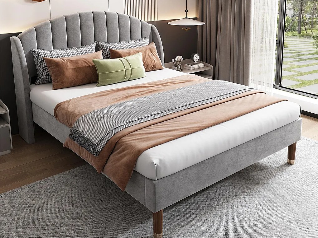 Łóżko z tapicerowanym wezgłowiem - 140 x 200 cm - aksamit - stelaż listwowy - szare