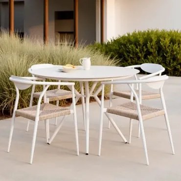 Zestaw Okrągłego Stołu Ø100 Cm Z Aluminium Valerie Oraz 4 Krzeseł Ogrodowych Z Podłokietnikami Z Aluminium I Syntetycznego Ratta Gardenia Biel - Sklum