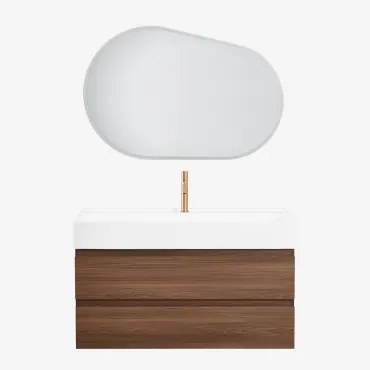 Zestaw Wiszących Mebli Łazienkowych Z Drewna I Forniru Jesionowego Zintegrowany Z Umywalką Ona Owalna Lampa Led I Przeciwmgielna 100x80 Cm Riben & Cie