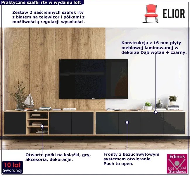 Komplet wiszących szafek rtv dąb wotan + czarny - Avila 15X