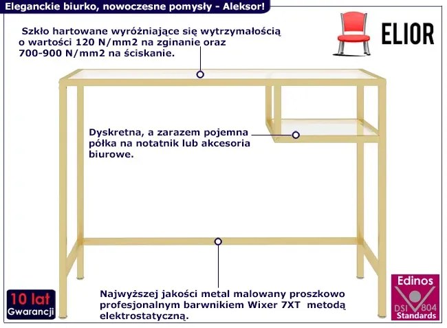 Szklane biurko w stylu glamour ze złotym stelażem Czarny