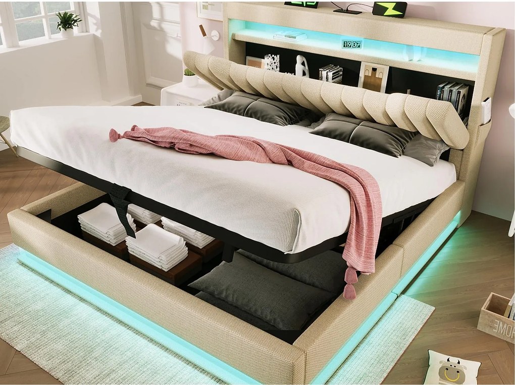 Tapicerowane łóżko z pojemnikiem 140x190 cm - z LED - z portami USB i Type-C - Tkanina lniana - Wezgłowie z przestrzenią do przechowywania - Beżowy