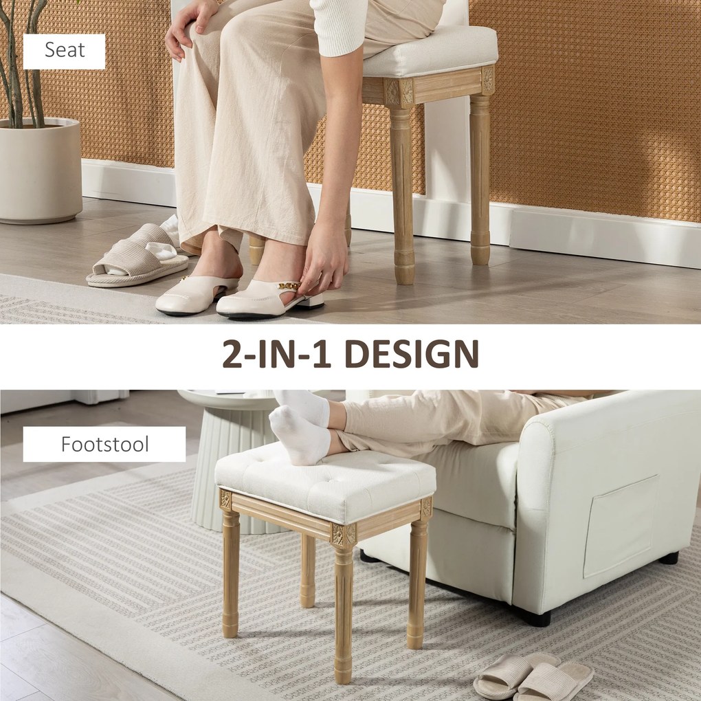 HOMCOM Pufa w wyglądzie lnu, tapicerowana ławka, podnóżek z tapicerowanym siedziskiem, drewniane nogi, 42 x 32 x 46,5 cm, beżowy