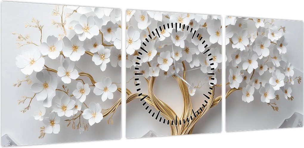 Obraz – Eleganckie drzewo życia 3D pełne kwiatów (z zegarem) (90x30 cm)
