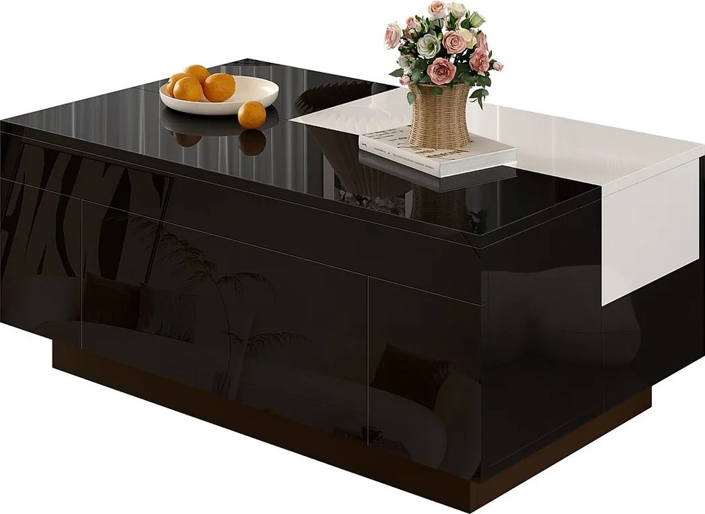 Stolik kawowy błyszczący - 80 x 50 x 35,5 cm - blat wysuwany + 1 szuflada + diody LED - MDF - czarny