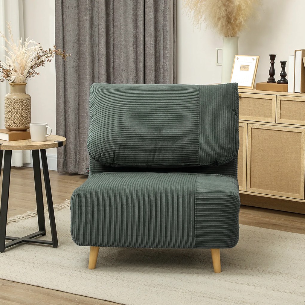 HOMCOM Fotel do Spania 2 w 1 z Regulowanym Oparciem i Poduszką, Welur Kordowy 82 cm x 89 cm x 83 cm Zielony