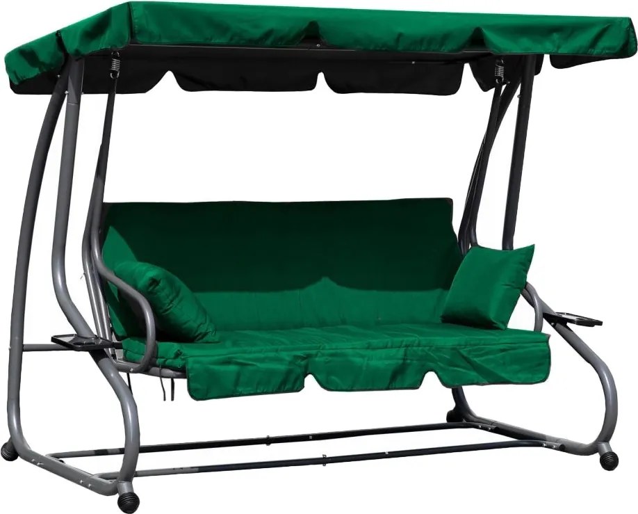 Huśtawka ogrodowa 3-osobowa z funkcją spania i daszkiem Valencia, zielony