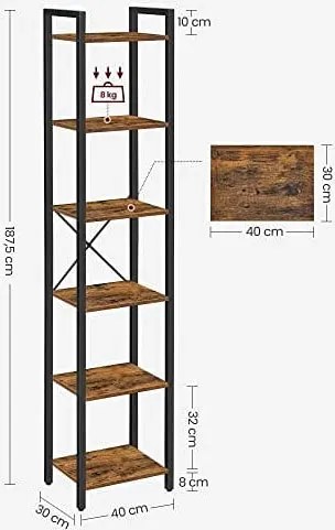 Wąski Regał Z 6 Półkami W Stylu Loft Rustykalny Brąz K2-H05
