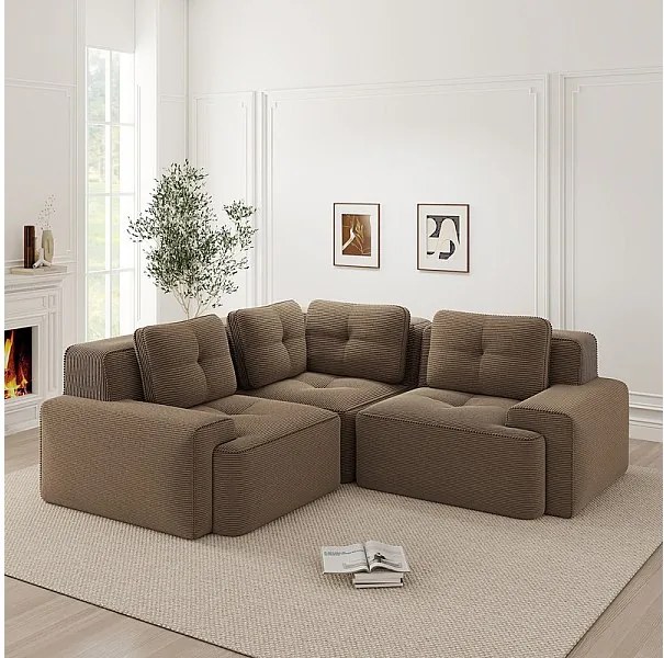 Canapé d'angle gauche modulable en velours côtelé, avec 4 coussins, 177x177x69cm, Marron