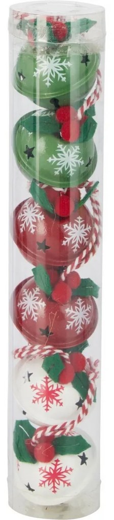 Zestaw 6 szt. świątecznych dzwoneczków Snowflakes, śr. 4 cm, czerwony-zielony-biały, metal