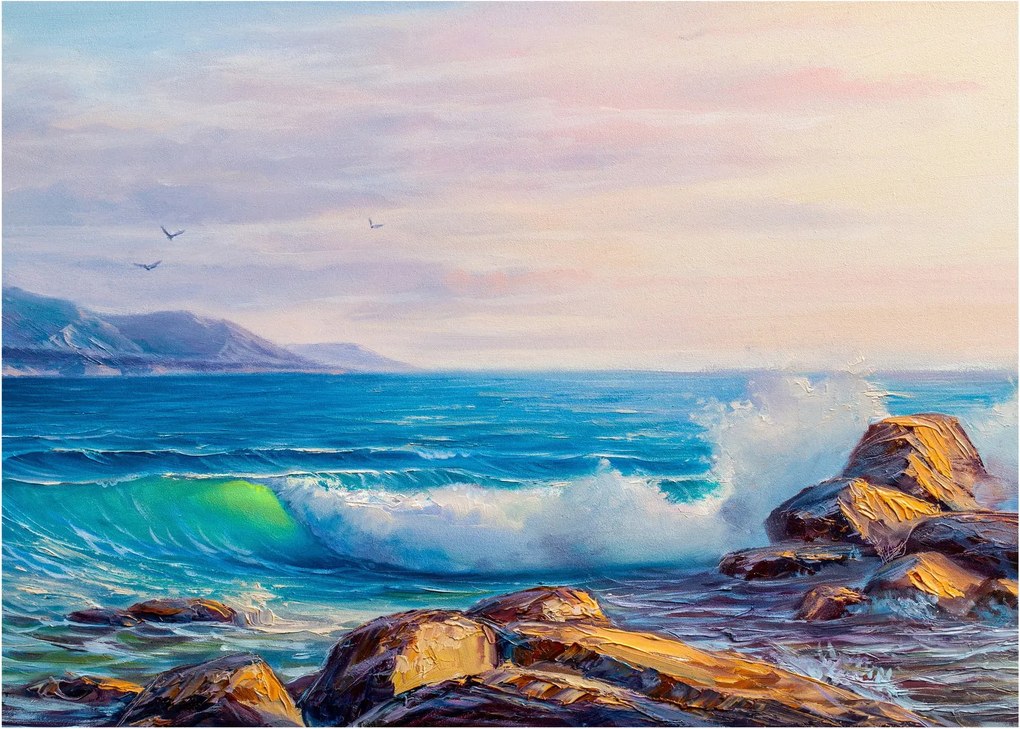 Obraz na szkle fal uderzających w klify, obraz olejny (70x50 cm)