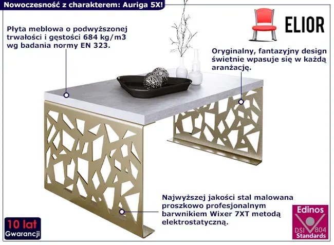 Prostokątny stolik kawowy złoty + beton - Ofelio 5X