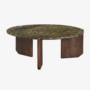 Okrągły Stolik Kawowy Z Naturalnego Kamienia I Drewna Mango Lavinia Zielony Marmur Forest & Ciemny Drewniany Uchwyt & Ø85 Cm - Sklum