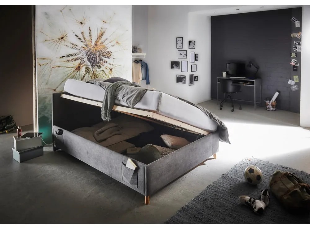 Antracytowe tapicerowane łóżko dziecięce ze schowkiem ze stelażem 90x200 cm Cool – Meise Möbel
