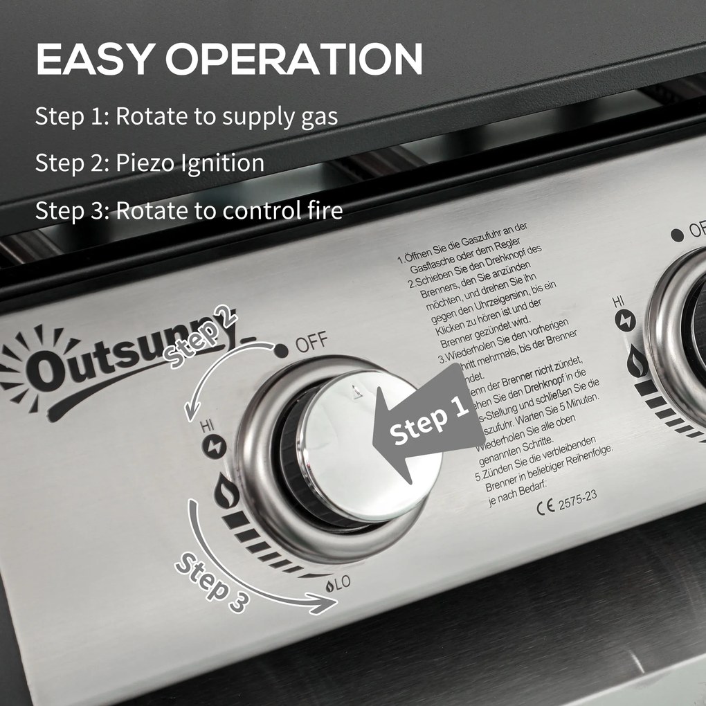 Outsunny Grill gazowy z pokrywą, 3 palniki, tłuszcz zatrzymywany w tacy, płyta z powłoką nieprzywierającą, 63x47x25 cm, Czarny/Srebrny