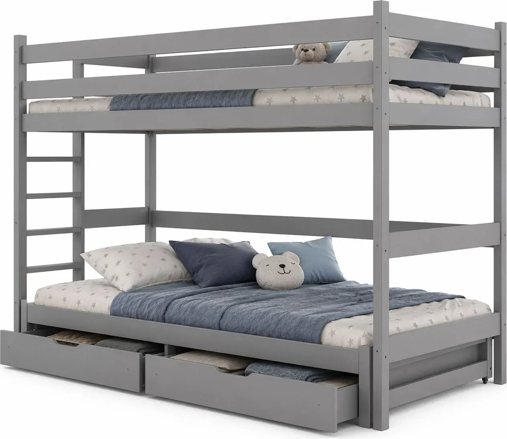Szare piętrowe łóżko sosnowe z szufladami dla dzieci - 5 rozmiarów C9-P55