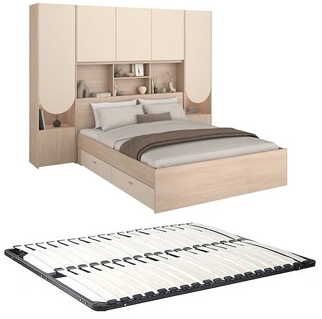 Łóżko rozkładane 160 x 200 cm ze schowkiem   - Z oświetleniem LED - Kolor: Beżowy i naturalny + Stelaż - DOMELITO