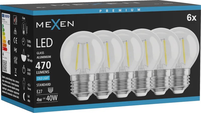 Mexen Vintis 6x żarówka filament LED E27, G45, 4W, Zimna - 6500K, 470 lm, clear - L156-E27-0465-00x06