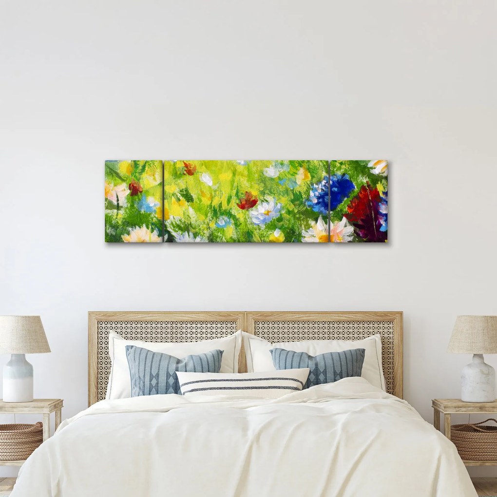 Obraz kwitnącej łąki, obraz olejny (170x50 cm)