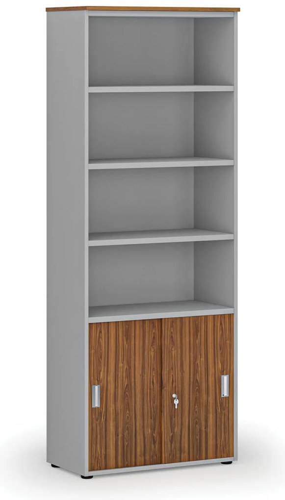 Szafa biurowa kombinowana PRIMA GRAY, drzwi przesuwne na 2 poziomach, 800 x 420 x 2128 mm, szary/orzech