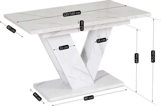 Stół Prostokątny Rozkładany CLARK 120-160 cm Biały Marmur Glamour