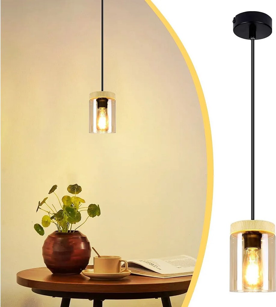 NETTLIFE Lampa wisząca E27 Vintage czarna średnica 12 cm drewno i metal ze szklanym kloszem do jadalni, kuchni, salonu, sypialni