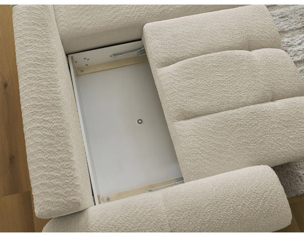 Beżowy rozkładany narożnik z materiału bouclé ze schowkiem (prawostronny/z szezlongiem) Roxelane – Bobochic Paris