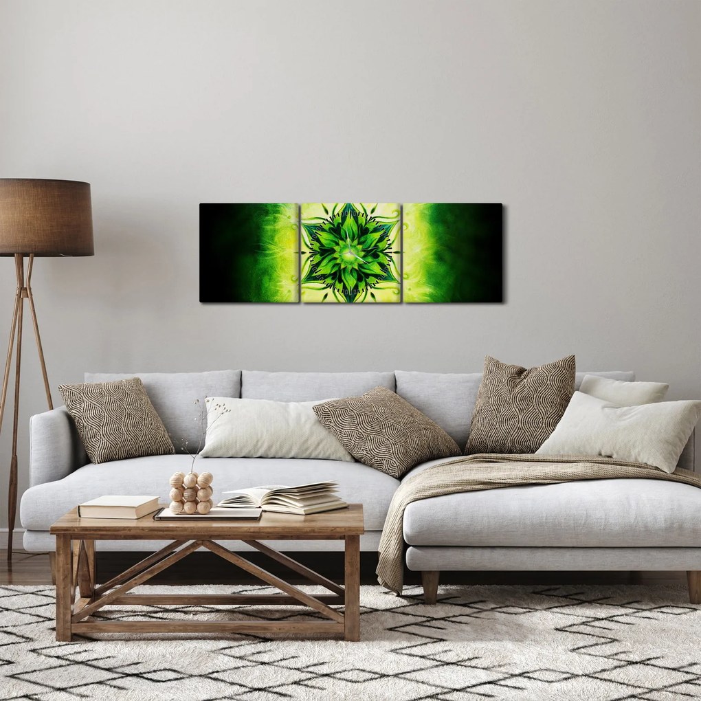 Obraz - Kwiatowa mandala na zielonym tle (z zegarem) (90x30 cm)
