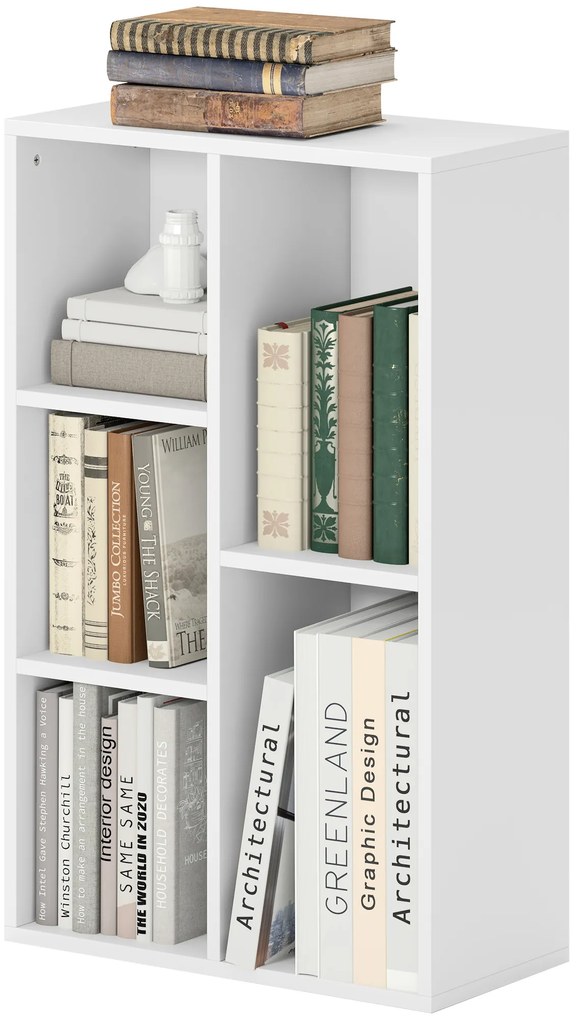 HOMCOM Dwupoziomowa półka na książki, 5 przegródek, Płyta wiórowa, Regał do przechowywania, Biały