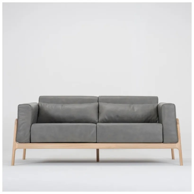Ciemnoszara sofa z bawolej skóry z konstrukcją z litego drewna dębowego Gazzda Fawn, 180 cm