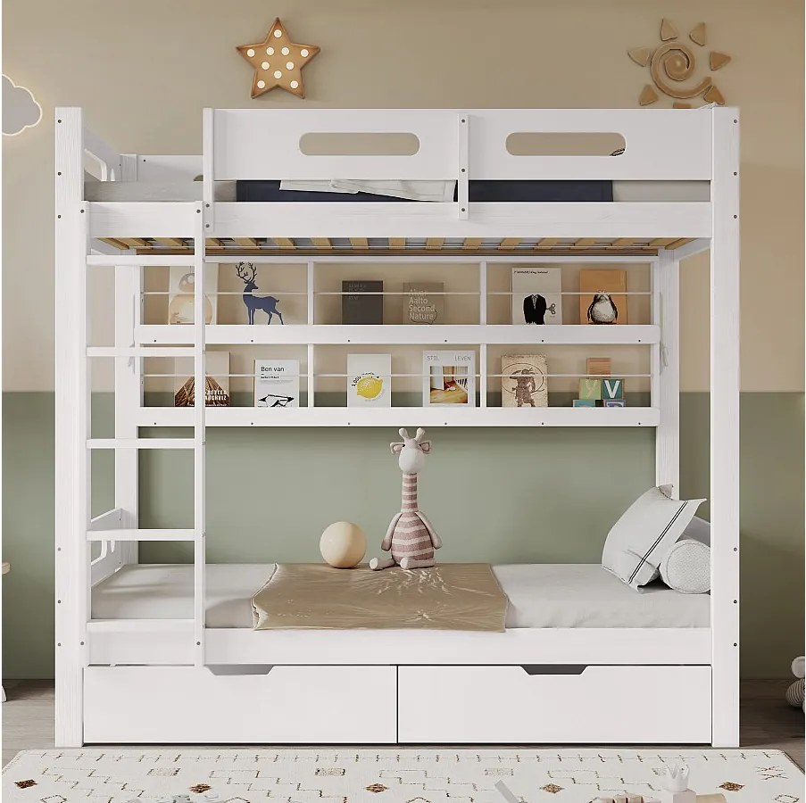 Łóżko piętrowe dla dzieci - 2 x 90 x 200 cm - z 2 szufladami + otwarta półka - sosna + MDF - biały