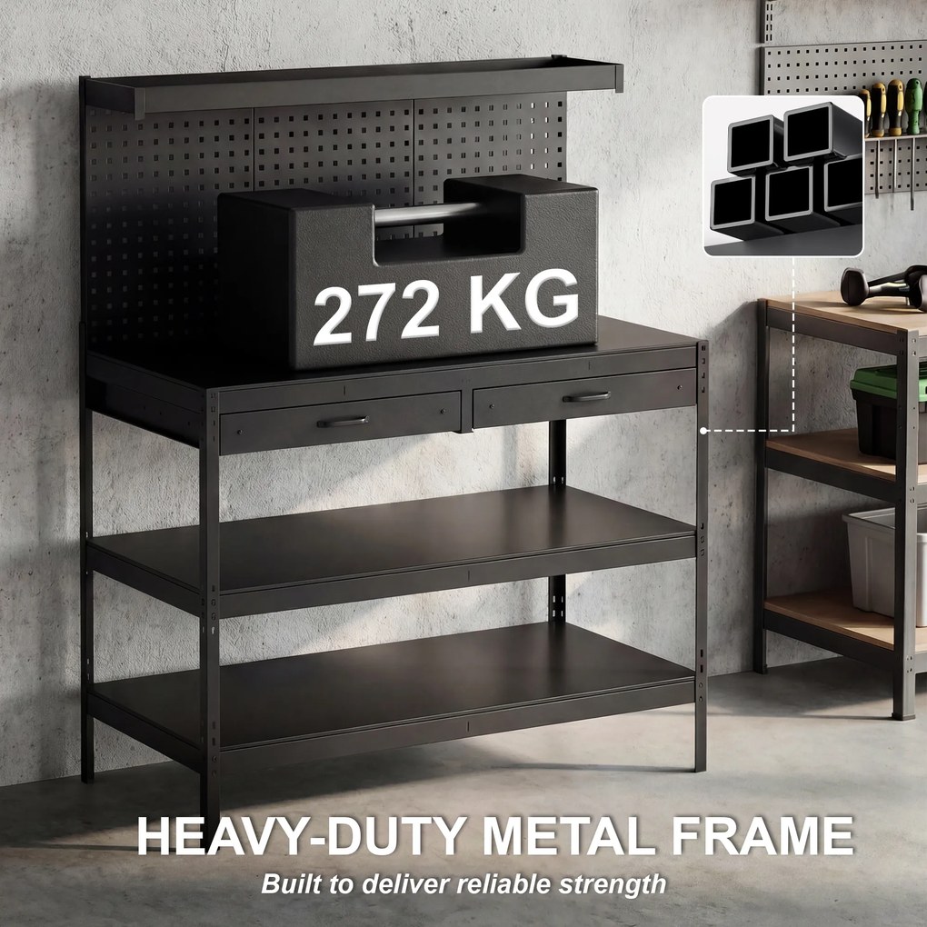 HOMCOM Stacja robocza z regulowanymi półkami, solidna stacja robocza z perforowaną płytą i 2 szufladami, 122 x 61 x 156 cm, Czarna | Aosom PL