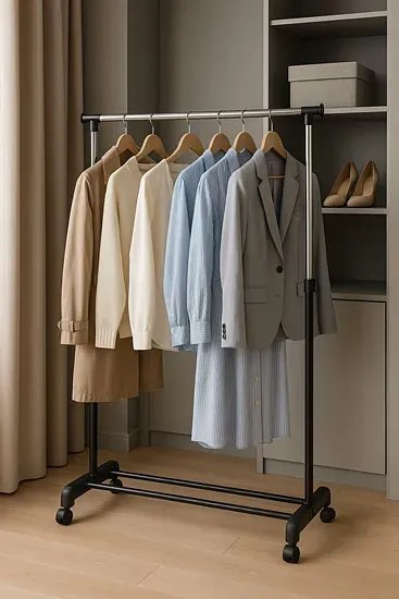 Biały regulowany wieszak na kółkach B5-T89