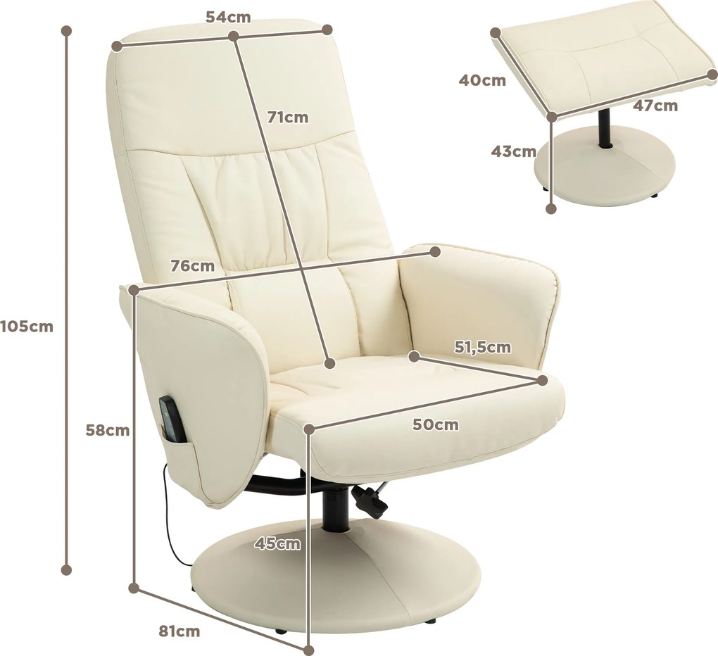 HOMCOM Fotel Masujący z Podnóżkiem, Ergonomiczny Fotel z 10 Punktami Wibracyjnymi, Skóra Ekologiczna, 76 x 81 x 105 cm, Kremowy