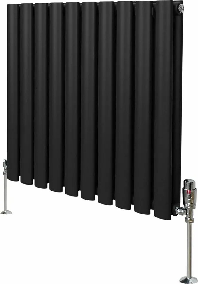 Grzejnik kolumnowy owalny i zawory - 600 mm x 600 mm - czarny