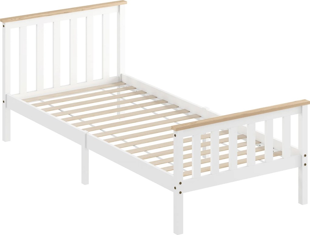 HOMCOM Rama łóżka pojedynczego, rama drewniana, dolny schowek, naturalne drewno, Biały