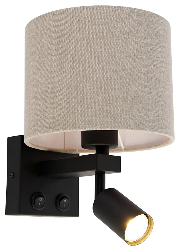 Lampa ścienna czarna z lampką do czytania i kloszem 18 cm w kolorze jasnobrązowym - Brescia Nowoczesny Oswietlenie wewnetrzne