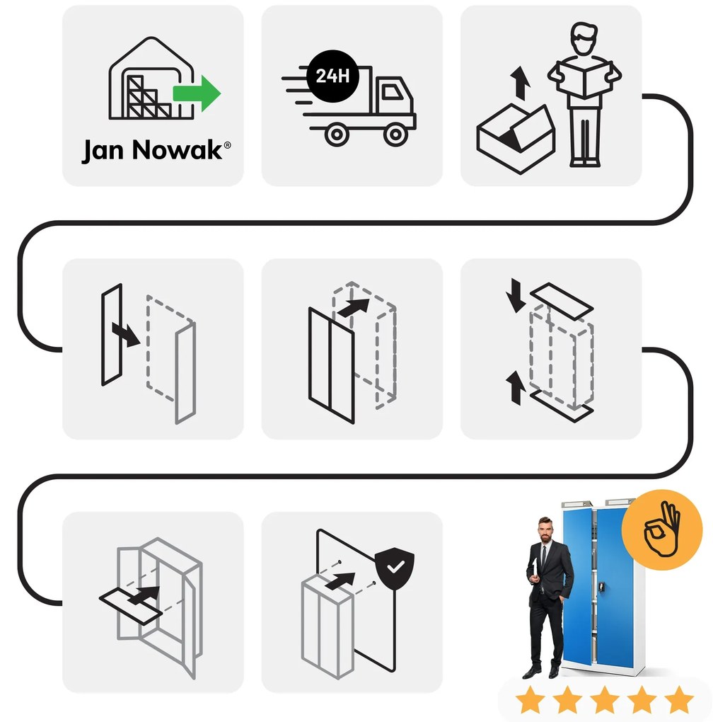 Biurowa szafa metalowa na akta JAN, 900 x 1850 x 400 mm, szaro-niebieska