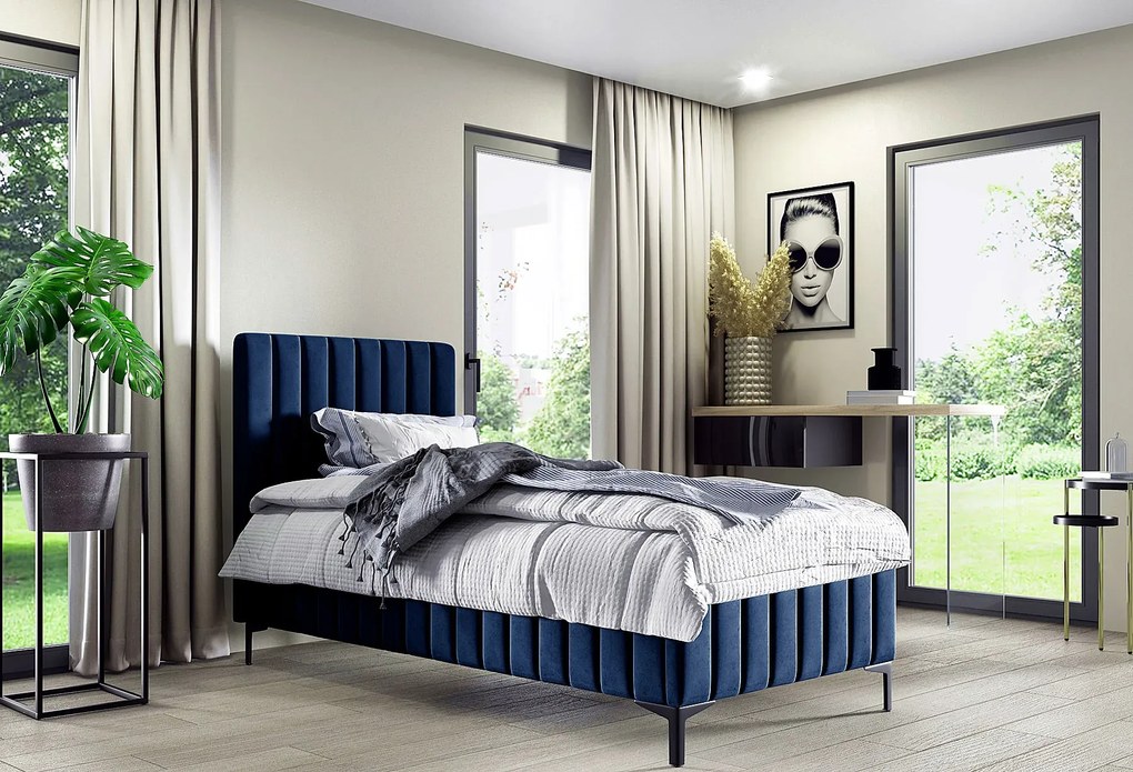Granatowe welurowe łóżko kontynentalne E4-N94