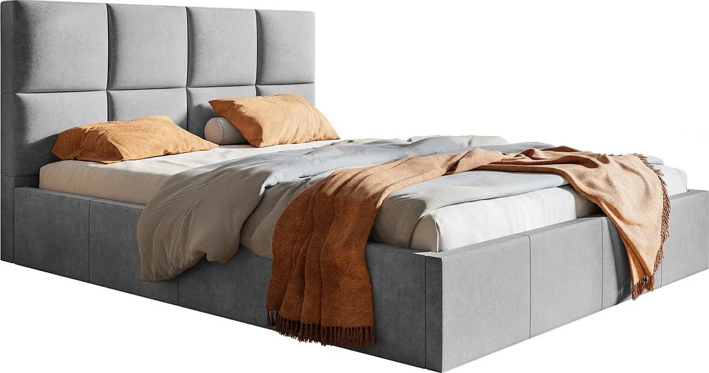 Łóżko tapicerowane 200x200 Fado ze stelażem metalowym, tkanina aksamitna, pojemnik - jasny szary (Jasmine 90)