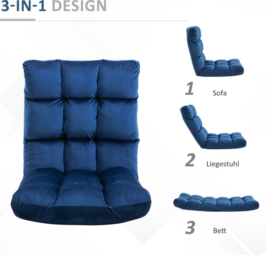 HOMCOM Sofa podłogowa z materacem Niebieska Regulowane oparcie Pluszowy materiał dla gości 55x71x53,5 cm | Aosom PL