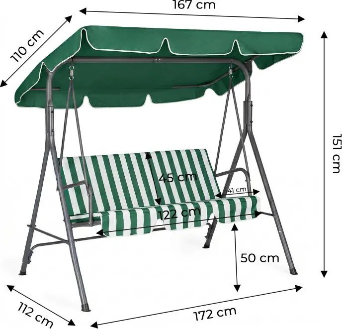 Huśtawka ogrodowa Cozy z regulowanym daszkiem, zielona w paski