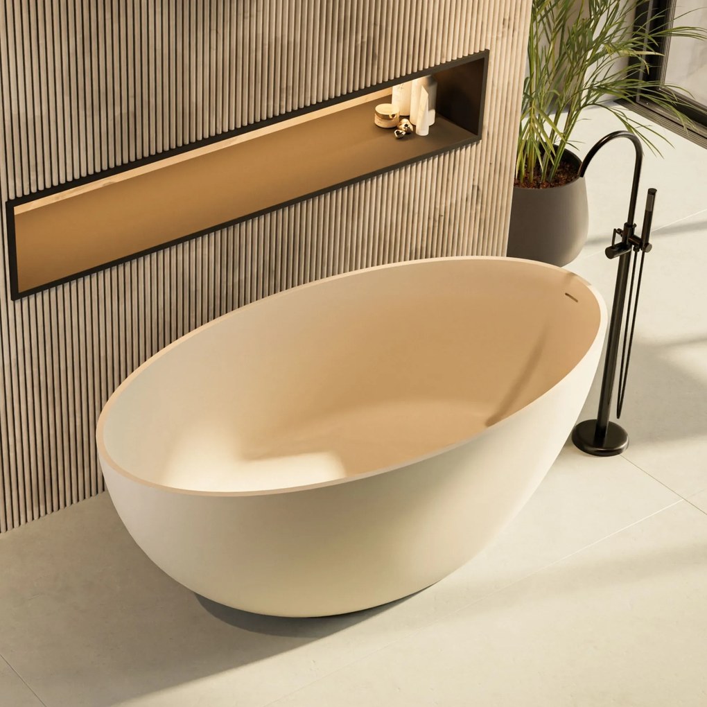 Zestaw KALMI z konglomeratu w kolorze beżowym matowym wanna wolnostojąca i umywalka wolnostojąca z konglomeratu