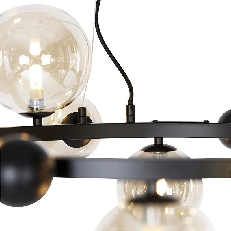 Lampa wisząca w stylu art deco czarna z bursztynowym szkłem 12-świateł - David ArtDeco Oswietlenie wewnetrzne