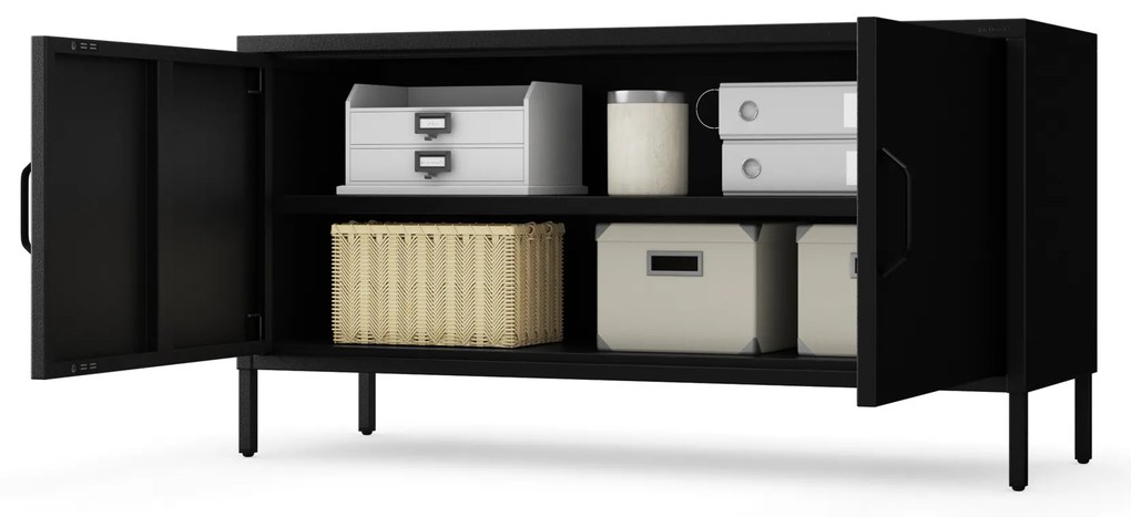 Szafka RTV metalowa na nóżkach czarna, 1150x595x400 mm: ROSA Modern