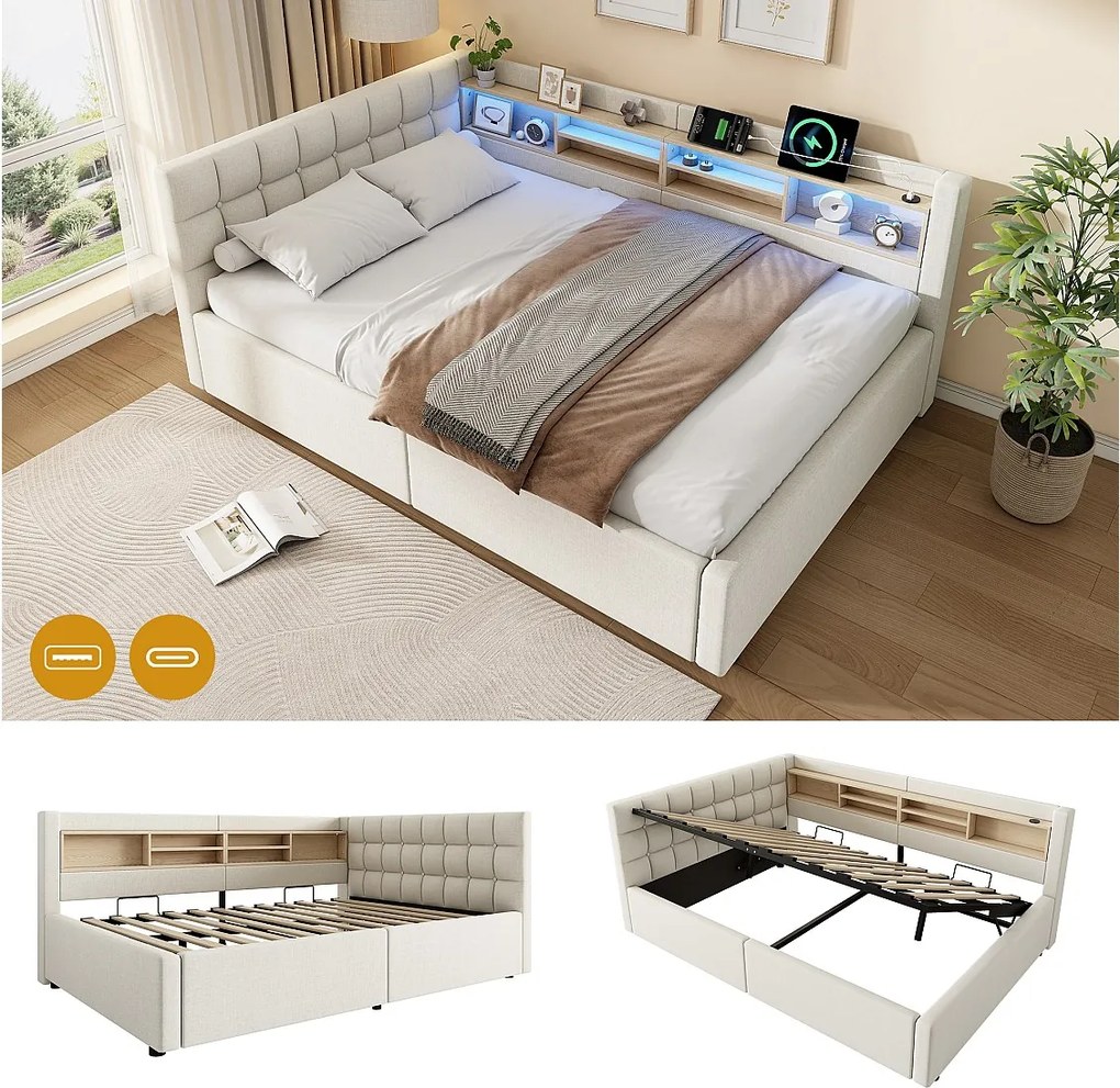 Łóżko z pojemnikiem 140 x 200 cm, z hydraulicznym schowkiem, półkami, regulowanym oświetleniem LED i portem USB - Len - Beżowy (Materac nie jest wliczony w cenę)