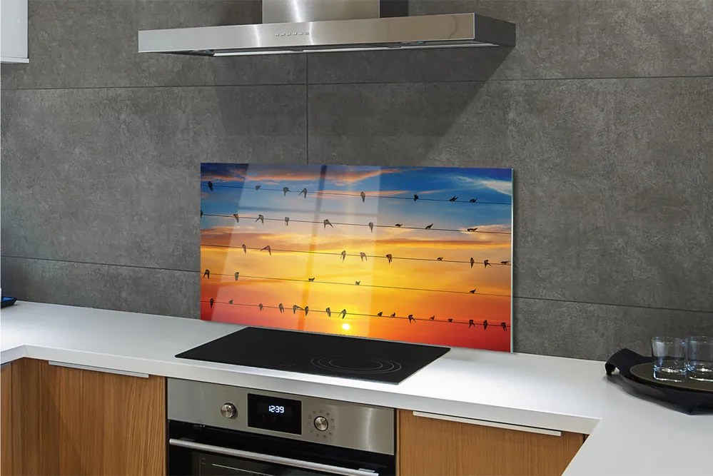 Panel Szklany Ptaki na Drutach o Zmierzchu