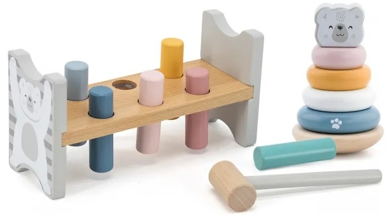 Viga polarb zestaw drewniana piramidka + przebijanka z młoteczkiem miś polarny montessori