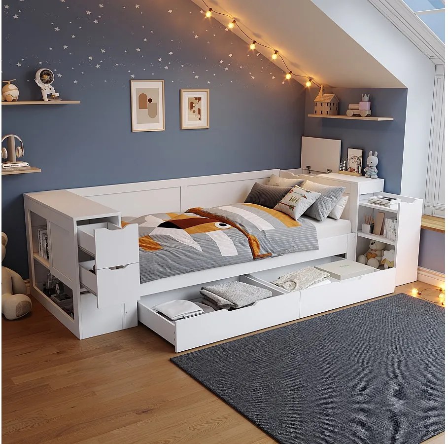 Łóżko dziecięce z pojemnikiem - 90 x 190 cm - sofa rozkładana z 3 szufladami - ze stolikami nocnymi - płyta MDF - białe
