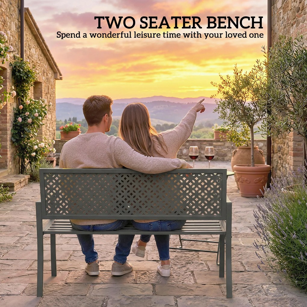 Outsunny Ławka ogrodowa 2-osobowa Metalowa odporna na warunki atmosferyczne Ławka zewnętrzna z odpornym na rdzę oparciem, geometryczna do 240 kg | Aosom PL